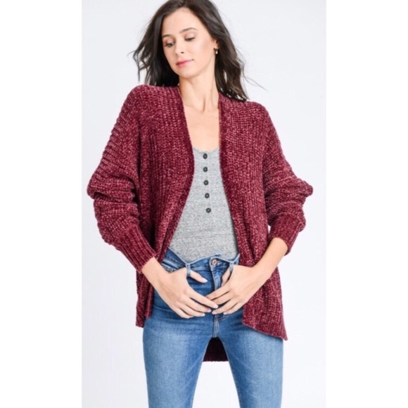 LAST: Large Soft Chenille Cardigan in Wine - Picture 3 of 4
